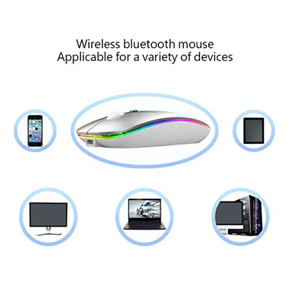 WREANU Wireless Bluetooth Mouse Rechargeable Laptop Mice with LED Lights Silent Slim Use(BT5.2 and 2.4G Portable USB Receiver)Dual Mode Computer Mouse for Laptop/iPad/Tablet/Apple/Computer/Mac(Silver) - color: Silver Wireless Bluetooth Mouse
