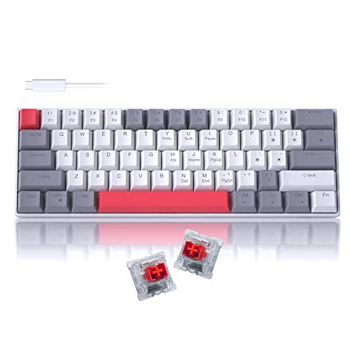 Camiysn 60% Mechanical Gaming Keyboard,Mixed Color Keycaps Gaming Keyboard with Red Switches, Detachable Type-C Cable Mini Keyboard with Blue LED Light for PC/Laptop - size: grey white(red switch)