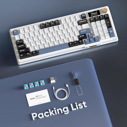 RedThunder K95 Wireless Mechanical Keyboard, TFT Screen & Knob, Tri-Mode BT5.0/2.4GHz/USB-C Hot Swappable Custom, Pre-lubed Linear Switches, Gasket Structure, RGB Gaming Keyboard, Snowy White-Blue - color: Snowy White