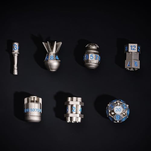 UDIXI Metal Dice Set 7PCS, Nickel Polyhedral D&D RPG Dice for Tabletop Game | Bomb Shape, Blue Numbers, Solid Metal, Cool Design, Leather Pouch Pakaging, for Dungeons and Dragons Role Playing Games - color: Nickel Blue