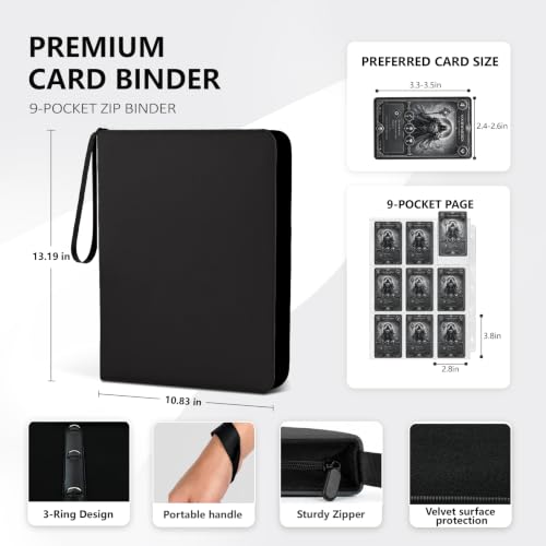 9 Pocket Zip Card Binder, Trading Card Album Holds 1080 Cards, Black | Logo-free design,top-loading pages,removable double-sided pockets,waterproof cover,soft lnner lining. - color: Black, size: 9 Pocket 1080