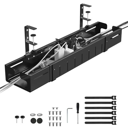 Under Desk Cable Management Tray Black | Expandable 25.27"-38.66", Sturdy Steel Desk Cord Hider Raceway for Office/Home