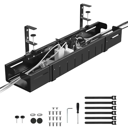 Under Desk Cable Management Tray Black | Expandable 25.27"-38.66", Sturdy Steel Desk Cord Hider Raceway for Office/Home