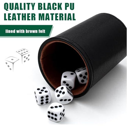 Leather Dice Cup, Quite Felt-Lined Interior, 6 Shaker Cups and 30 Dot Dices, one Carry Bag (Black and Brown) - color: Black and Brown