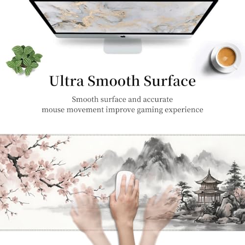 Japanese Ink Wash Landscape Extended Gaming Mouse Pad, Large Cherry Blossom Desk Mat (31.5 x 11.8 in), Non-Slip Rubber Base, Stitched Edges for Office & Gaming - color: 29