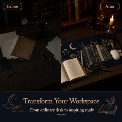Dark Academia Desk Mat 35.4x15.7 Inch, Large Extended Mouse Pad with Bookshelf Design, Non-Slip Waterproof Desk Pad for Study, Home Office & Reading Setup - color: Black Bookshelf