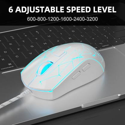 MageGee G6 Wired Gaming Mouse, Ergonomic USB Optical Mouse with 7 Colors Breathing LED Backlit, 6 Adjustable Speed Levels from 600 to 3200 for Laptop PC Computer Games & Work, White - color: white
