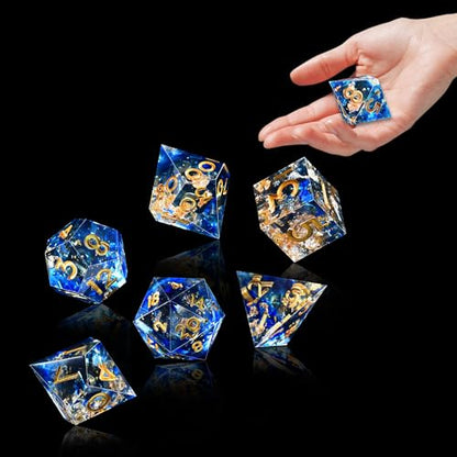AUSTOR 7-Die DND Dice Set Handmade Sharp Edge Polyhedral Dice for Dungeons and Dragons RPG MTG Table Games（Tranlucent Blue with Glod Sequins） - color: Tranlucent Blue With Glod Sequins