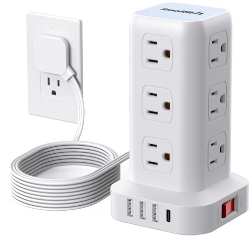 Extension Cord with Multiple Outlets, SMALLRT Flat Plug Power Strip Tower with USB 12 AC Outlets, 6.5FT Ultra Thin Extension Cord Outlet Extender for Home Office, Overload Protection - color: White, size: 6.5 Ft without wireless charging