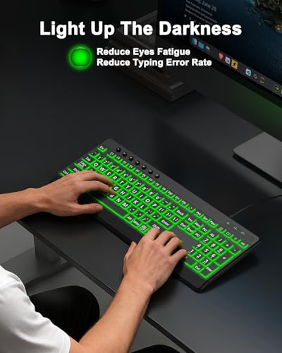 EDJO Large Print Backlit Wired Keyboard,7-Colors Backlight | Full Size ,Oversize Letters Light Up Keys,Compatible for Windows, Laptop, PC
