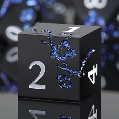 Glitter Blue D&D Metal Dice, DNDND 7 PCS Flower Metallic DND Dice Set with Gorgeous Gift Case for Dungeons and Dragon Tabletop Game (Matte Black with Glitter Blue Flower) - color: Flower Glitter Blue