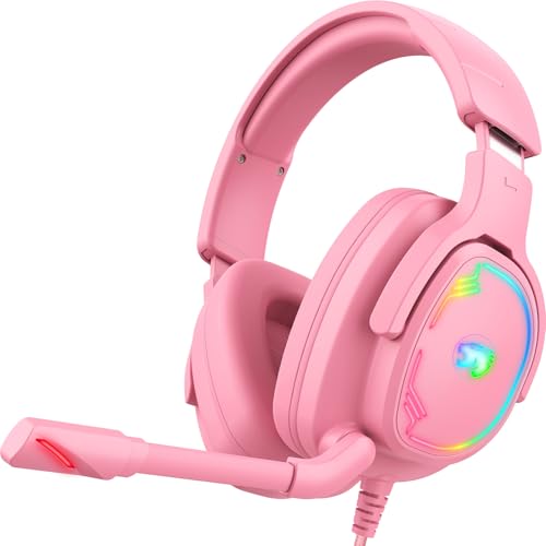 Jimonyer Gaming Headset with Microphone, 7.1 Surround Sound and Noise Canceling Over Ear Headphones for PC/PS5/PS4/Xbox Series/Switch, RGB Light and Soft Memory Earmuffs (Pink) - color: Pink