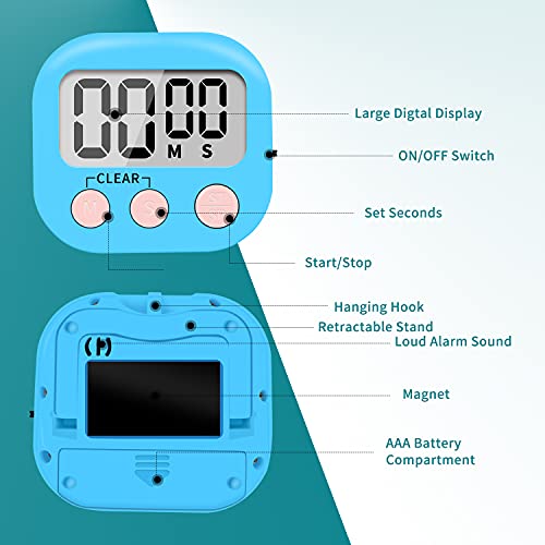 6 Pack Small Digital Kitchen Timer Magnetic Back and ON/Off Switch,Minute Second Count Up Countdown (Blue) - color: Blue