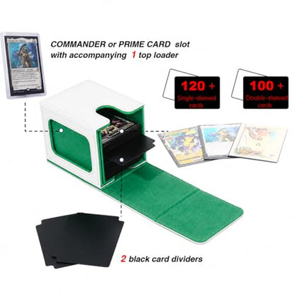 MTG Deck Box with Commander Display Window (White&Green, 1 window) | Holds 120 Single/100 Double-Sleeved Cards, Fit MTG/PTCG/OPTCG Cards, Strong Magnet, PU Leather, With 2 Dividers & 1 Toploader - color: White and Green