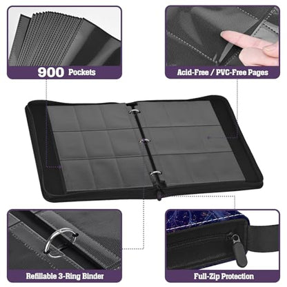 Trading Card Binder 900 Capacity, 50 Double-Sided 9-Pocket Top-Loading, 3-Ring TCG Album for 2.5 x 3.5 Cards, Acid Free PVC Free, Water-Resistant PU with Wrist Strap - Nebula Dragon Design - color: Nebula Dragon
