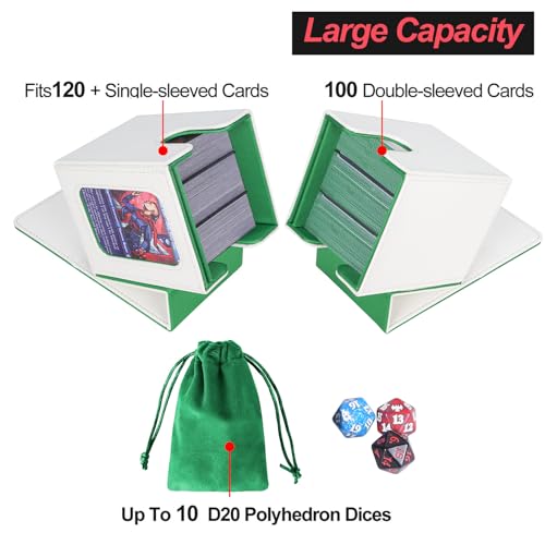 AFIING MTG Deck Box for Commander Display,Card Deck case Fits 100 Double Sleeved Cards, Magic Commander TCG Card Storage Box with 2 Dividers,Dice Bag and 1 Toploader(Whtie Green) - color: Commander White Green