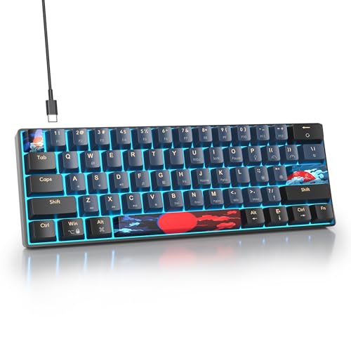 Protable 60% Percent Gaming Keyboard Mechanical, Mini Compact Ice-Blue LED Backlit 61 Keys Wired Office Keyboard with Red Switch for Mac/Win/PS4/PS5（Black/Red Switch） - color: Ice-blue 61Black/Red Switch