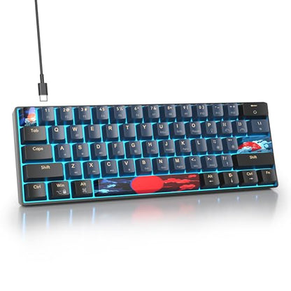 Protable 60% Percent Gaming Keyboard Mechanical, Mini Compact Ice-Blue LED Backlit 61 Keys Wired Office Keyboard with Red Switch for Mac/Win/PS4/PS5（Black/Red Switch） - color: Ice-blue 61Black/Red Switch