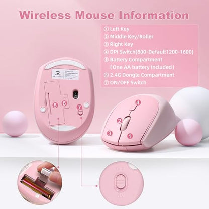 YUNZII C2 Silicone Wireless Mouse 1600 DPI Optical 2.4GHz (Pink) | 2.4GHz Connection, Noiseless Computer Mice, Quiet Clicks, 3-Level DPI, Up to 1600, Optical Tracking, for Laptop/PC/Mac - color: Pink