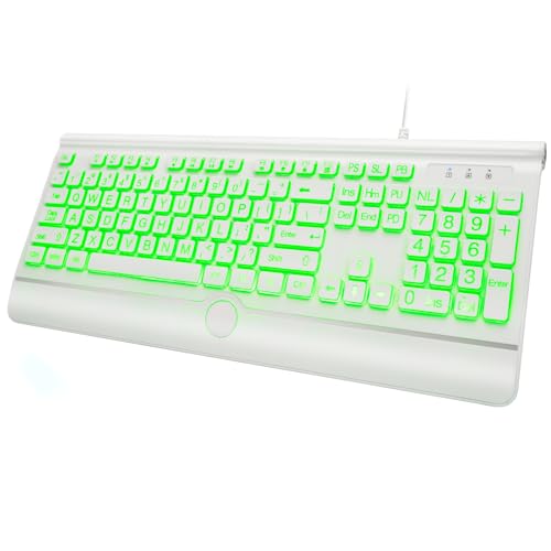 KOPJIPPOM USB Wired Keyboard with Large Print Backlit Keys, 7 Color LED Backlight, Ergonomic Wrist Rest, Spill-Resistant Design, Full-Size Computer Keyboard with Number Pad, for PC Desktop Laptop - color: white