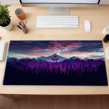Purple and Black Desk Mat, Mountain Forest Large Gaming Mouse Pad | Washable forest landscape desk pad with 3mm plush cushion, smooth fabric top, and non-slip rubber base - color: Firewatch Tower