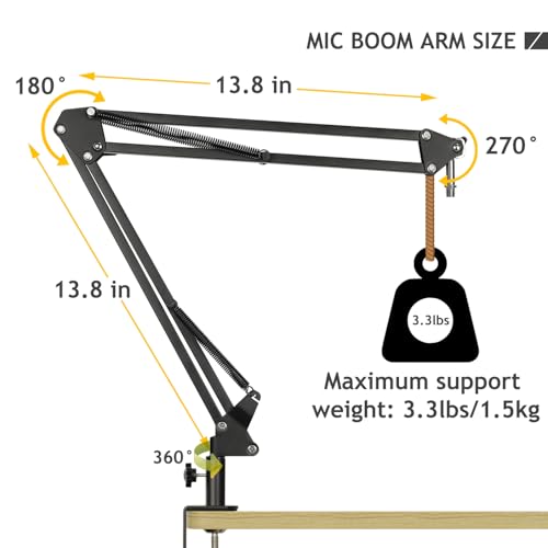 Audio Technica AT2020 Mic Stand, AT2020 Mic Boom Arm Suspension Scissor Stand with Shock Mount, Pop Filter, Upgraded Heavy Duty Clamp for AT2020 AT2020USB+ AT2035 Condenser Studio Mic