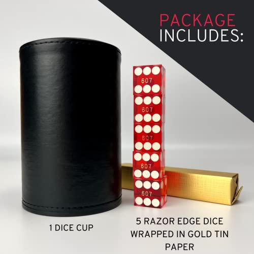 Luck Lab Black Leather Dice Stacking Cup with 5 Serialized Razor Edge 19 mm Casino Dice - Pro Straight Cup for Stacking and Magic Tricks (Red Dice) - color: Red Dice