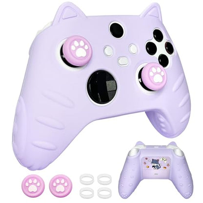 Purple Cute Cat Anti-Slip Protective Silicone Cover Skin Grips Compatible with Xbox Series X/S Controller with Stickers and 2 Thumb Paw Grip Caps Cat Paw Caps – Shockproof Dustproof
