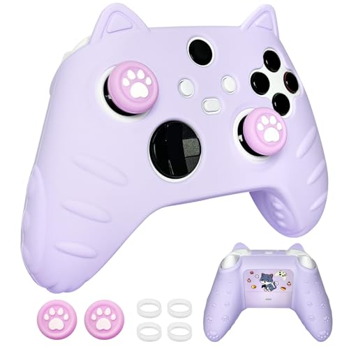 Purple Cute Cat Anti-Slip Protective Silicone Cover Skin Grips Compatible with Xbox Series X/S Controller with Stickers and 2 Thumb Paw Grip Caps Cat Paw Caps – Shockproof Dustproof