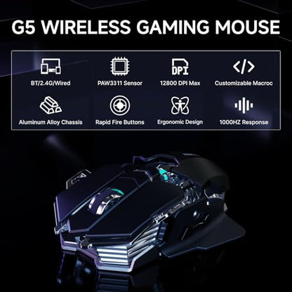 EWEADN G5 Tri-Mode Wireless Gaming Mouse, 12800 DPI Programmable Ergonomic Mouse with Metal Base for Stability, 500mAh Rechargeable, 8 Macro Buttons, Rapid Fire Key, RGB Backlit for FPS PC Mac - Black - color: Black