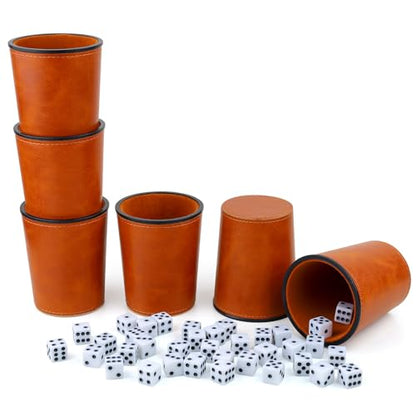 Felt-Lined PU Leather Dice Cup Set, 6 Quiet Dice Shaker Cups with 36 Dices for Bar Party Yahtzee Farkle Games, Brown - color: Brown#dice Cup Set