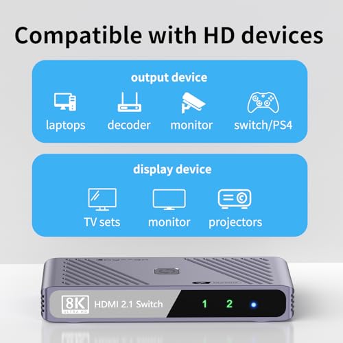 HD Switch 4K120Hz 8K60Hz – 2-in-1-out HD 2.1 Switch Box, Port Expander, Selector (with Remote Control), Supports 3D/HDR/HDCP 2.3, Compatible with PS5/4/3, Xbox, Switch, DVD Players, TVs and Computers