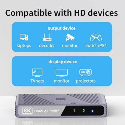 HD Switch 4K120Hz 8K60Hz – 2-in-1-out HD 2.1 Switch Box, Port Expander, Selector (with Remote Control), Supports 3D/HDR/HDCP 2.3, Compatible with PS5/4/3, Xbox, Switch, DVD Players, TVs and Computers