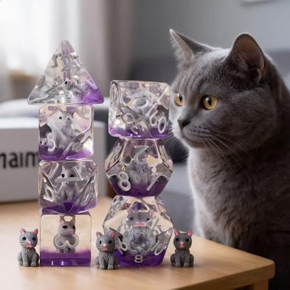 DND Resin Cat Dice Set, D&D Polyhedral Dice for Dungeons and Dragons RPG, MTG Role Playing Games D and D Dice 7pcs D20 D12 D10 D8 D6 D4 for Ages 15 and Up - color: Cat