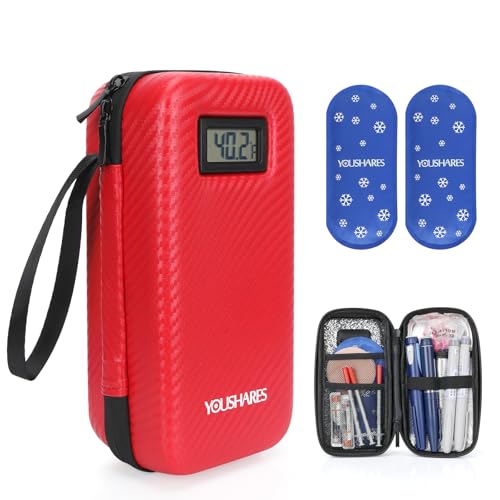 YOUSHARES Insulin Cooler Travel Case with Temperature Display, GLP-1 Diabetic Medicine Cooling Bag for Mounjaro, Refrigerated Diabetes Storage Kit with 2 TSA Approved Ice Pack - color: 00_bright Red