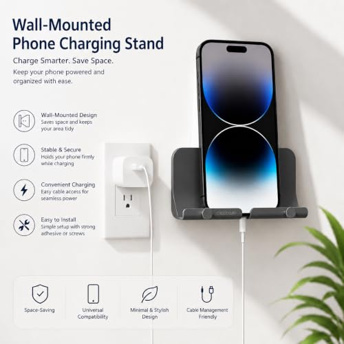 Wall Mount Phone Holder with Cable Hole & Hooks, Adhesive Wall Phone Holder, Phone Charging Dock & Organizer for Bedroom, Bathroom, Kitchen, Office, Dorm & RV (Grey) - color: Grey