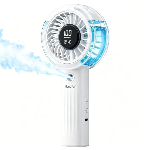 HandFan Upgraded Misting Fan with LED Display – Extreme Cooling Portable Handheld Fan with Water Mist Spray, 50% Stronger Airflow & Quieter, USB Rechargeable for Travel/Park/Disney/Beach/Concert/Game - color: Lily White