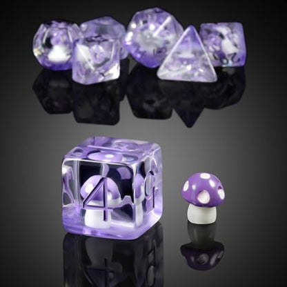 Mushroom Resin Dice Set D&D, DNDND 7PCS D&D Dice Set with Gift Velvet Bag for Dungeons and Dragons Role Playing Games and Tabletop Games（Purple Mushroom - color: Mushroom Purple
