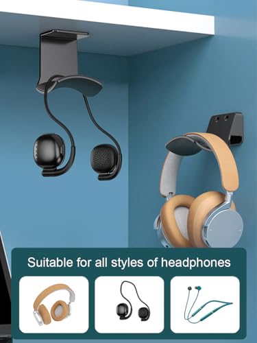 2-Pack Under Desk Headphone Hanger Adhesive Headset Holder Mount | Stand fixted with screws for airpods max sennheiser sony bose beats akg - color: Black B(2 Pack)