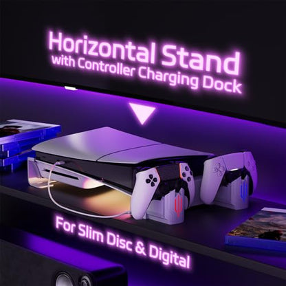Slim Horizontal Stand Compatible with Slim Disc & Digital Version Dual Use Charging Station with Multi-Mode RGB Light with 3-Level Cooling Fan,White