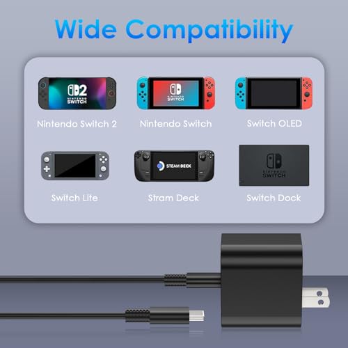 60W Charger for Nintendo Switch 2, Fast Charging USB C Cable for Switch 2 Accessories, AC Adapter with 5FT Cable Compatible with Nintendo 2,Lite,OLED,Steam Deck - Support TV Mode - size: 5FT