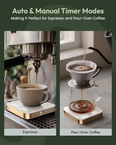 Maestri House S2 Espresso Coffee Scale with Timer 0.1g Precision Shot Scale | USB-C Rechargeable, Dual Timing Modes, 2kg/0.1g Digital Scale with Borosilicate Glass Top for Espresso and Pour-Over Brewing - color: White&Gold