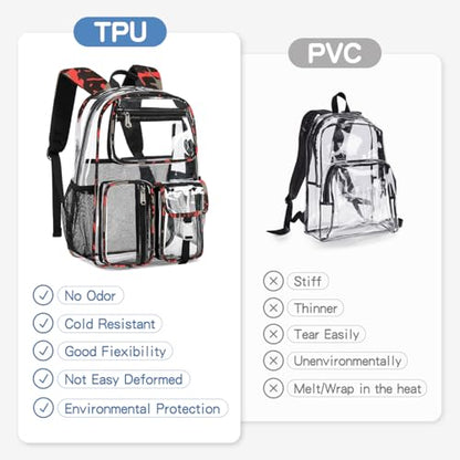 Cusangel Heavy Duty Clear Backpack,16.5 x12 x5inch TPU Large Capacity See Through Backpack for Sport Events,Travel (Red) - color: Red