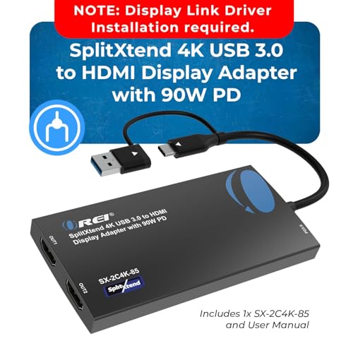 OREI SplitExtend 4K HDMI Splitter Extended Display for Dual Monitor - Multi-Monitor Display 3 Separate Screens - USB A & USB-C Adapter to HDMI 2.0, 4K@60hz, 90W PD Charger, DisplayLink MacOS, Windows | OREI SplitExtend 4K HDMI Splitter Extended Display fo
