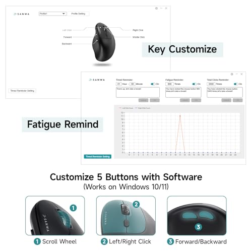 SANWA Multi Device Ergonomic Vertical Mouse, Silent Click, 5 Programmable Buttons, 2 Bluetooth 5.0 + 2.4G Wireless Ergo Mice for Medium Large Hands, Compatible with Windows, Mac OS, Laptop, PC, Black