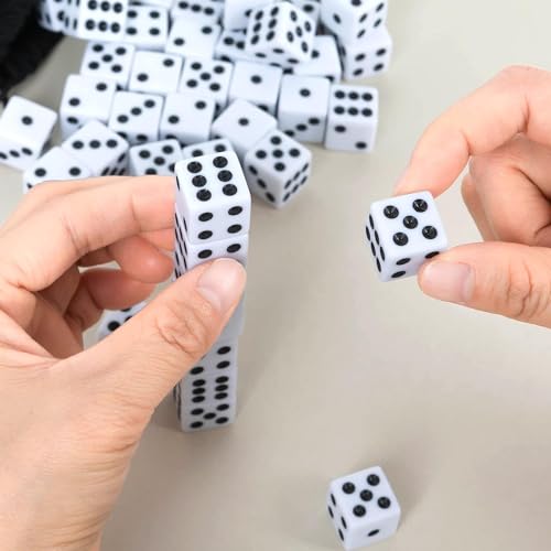 50 Pack 16MM White Dice - Six Sided Standard Opaque | Black Pips Dots, For Board Games, Group Event, Teaching Math