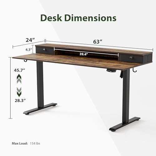 Agilestic 63 x 24 Inches Electric Standing Desk with 2 Storage Drawers, Stand Up Desk Adjustable Height, Sit and Stand Computer Table with Splice Board, Black - color: Rustic Brown, size: 63 x 24 Inches with 2 drawers