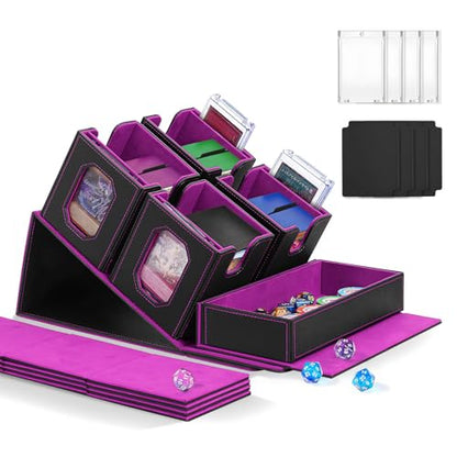 Trading Card Storage Box with Commander Display for MTG, TCG, Sports Cards, 5-in-1 Card Deck Box, Holds 450+ Double-Sleeved Cards, 4 Individual Deck Cases with Covers, Dice Tray & Magnetic Holders - color: Black & Purple