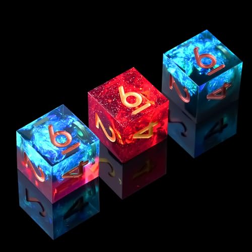 3Pcs D6 DND Dice with Resin Sharp Edge D&D Dice, Random Color and Style 6 Sided Dice 16mm Handmade Polyhedral for DND Roleplaying Games(Random Set) - color: D6-blue Red+red+blue Dark