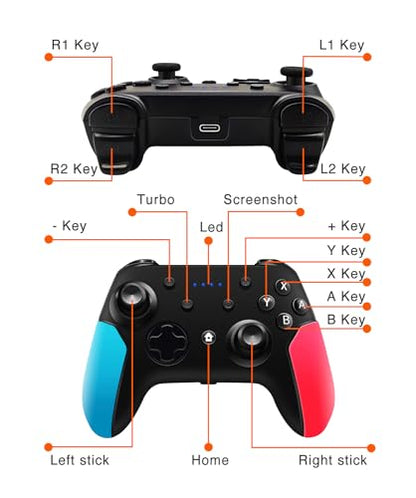 Wireless Switch Pro Controller for Nintendo Switch with Adjustable Turbo Function,Dual Vibration Function,Gyro 6-Axis and High Battery Life. Remote Gamepad Joystick for Switch Console, Red&Blue